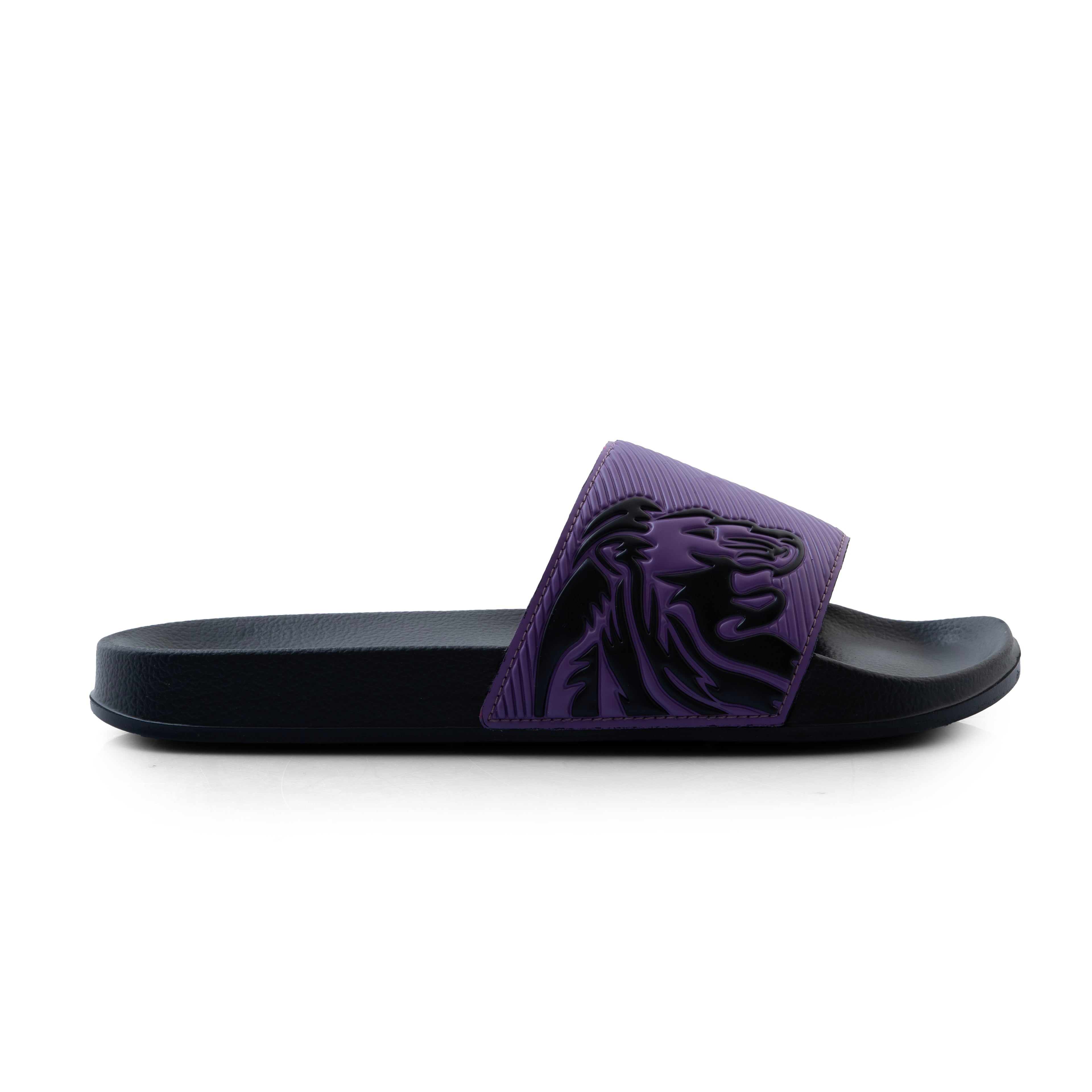 Purple slide sandal with a tiger design on a white background